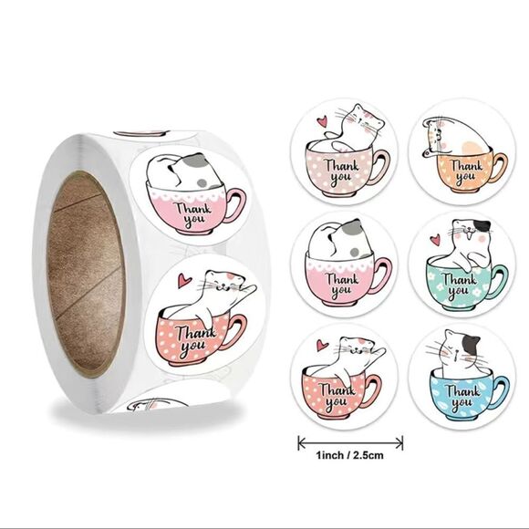 Thank You Kitty Cat Label Sticker 1" Round 500 Labels Per Roll,For Gift Business - Picture 1 of 2